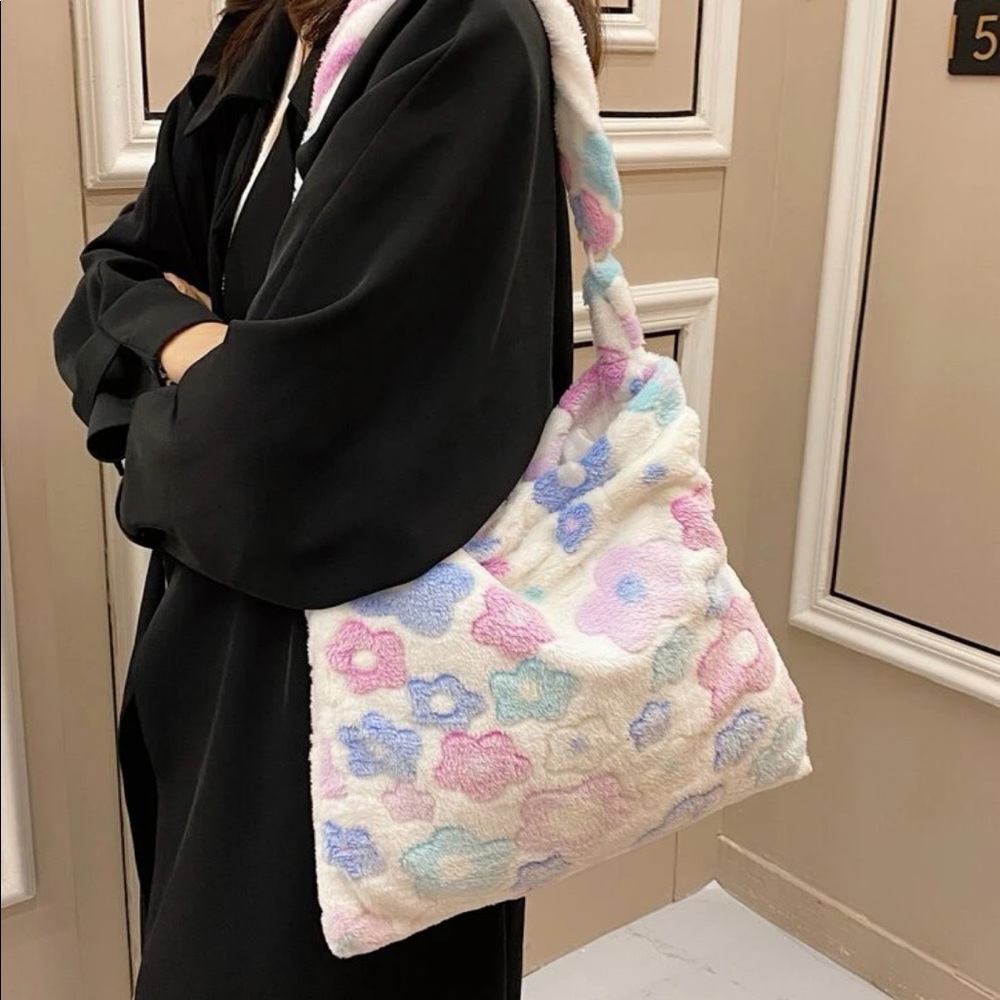 Tote crossbody bag white rainbow flower plush soft womens pink